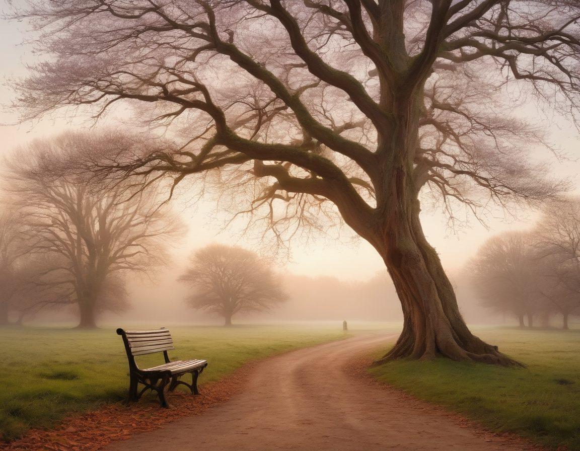 A wistful landscape at twilight, featuring a winding path lined with old, weathered trees, their leaves softly falling. A solitary figure sits on a bench, gazing at a distant horizon filled with muted, pastel colors, symbolizing nostalgia. Scattered photographs float gently through the air, capturing moments of joy and sorrow. The atmosphere is serene yet evocative, inviting reflection. painterly style, muted tones, dreamlike quality.