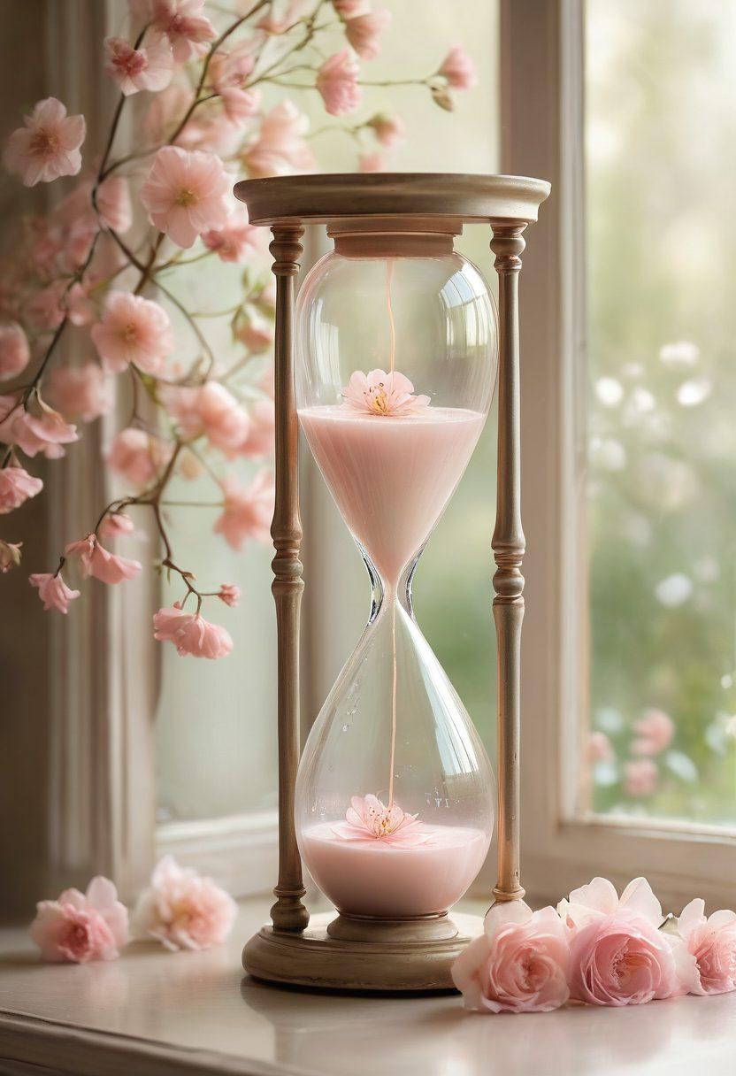 A vintage hourglass surrounded by ethereal wisps of light, with snapshots of nostalgic memories floating around. Soft, dreamy colors evoke a sense of wistfulness, while reflections of past moments intertwine with a serene background. Elements of nature like blooming flowers symbolize growth and time passing. Evoke a feeling of contemplation and beauty. painterly style. pastels. soft focus.