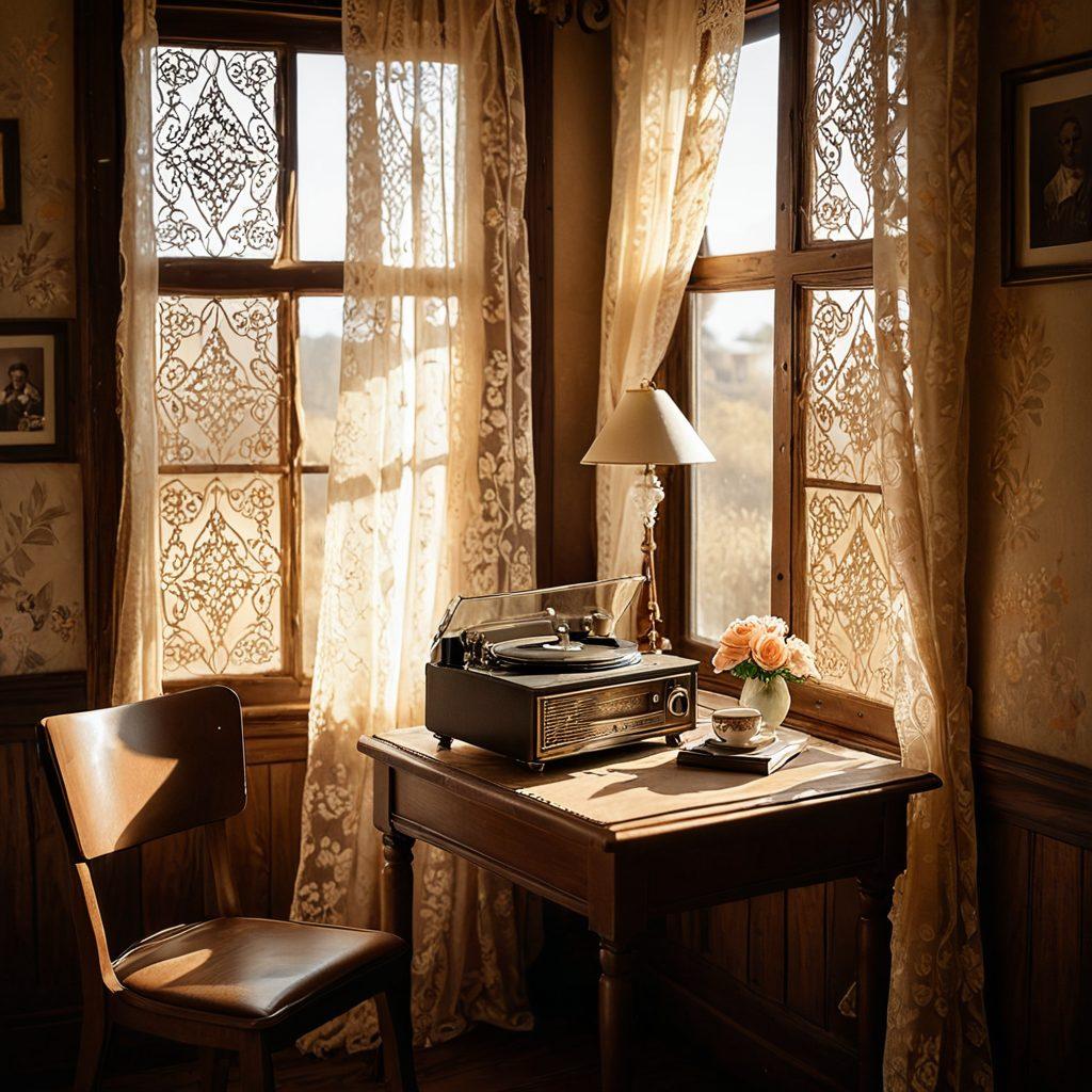 A nostalgic scene capturing a vintage room filled with sepia-toned photographs hanging on the walls, a dusty record player softly spinning, and sunlight filtering through lace curtains, illuminating a teacup with fading floral patterns resting on a wooden table. The atmosphere evokes a deep sense of longing and reminiscence, enveloped in a warm glow, beckoning viewers to reflect on cherished memories. soft focus, pastel colors, vintage aesthetic.